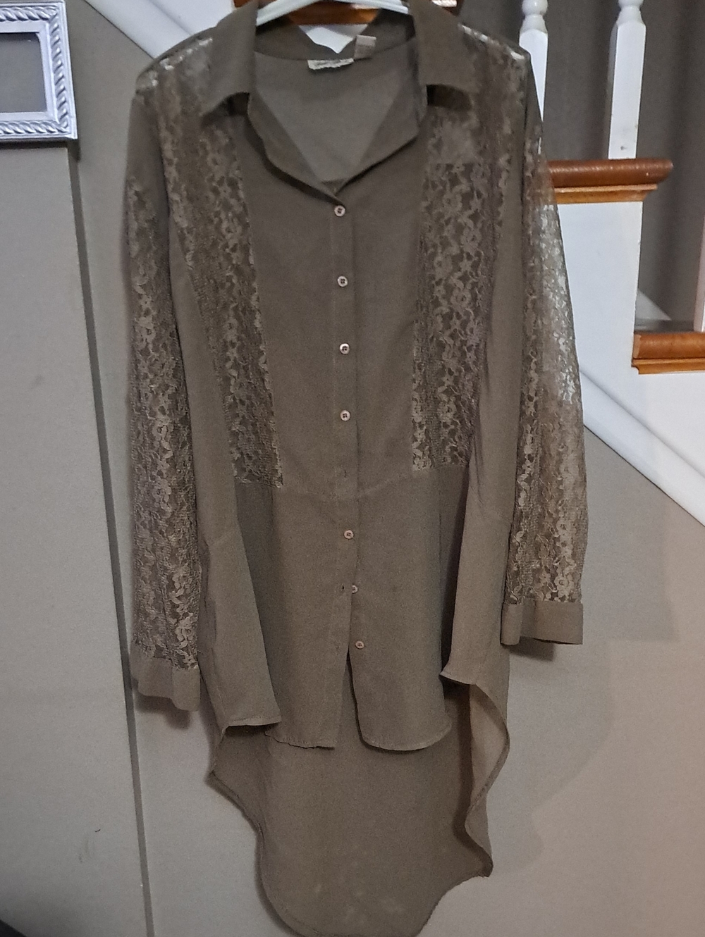 Women's Lace-Panel Button Down Shirt - Olive